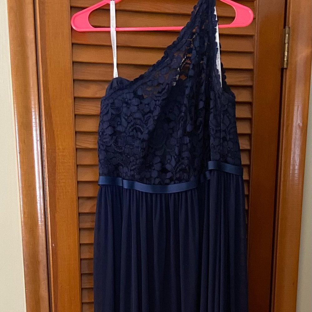 David’s Bridal EXTRA LENGTH One Shoulder Corded Lace/Mesh Bridesmaid Marine
